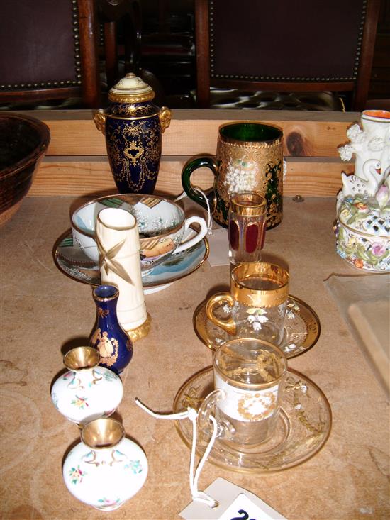 Bohemian glass mug, 2 coffee cups, saucers, beakers & Worcester vase (a/f) etc